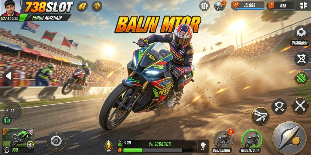Tangkapan layar menunjukkan balapan motor yang seru dan penuh aksi.