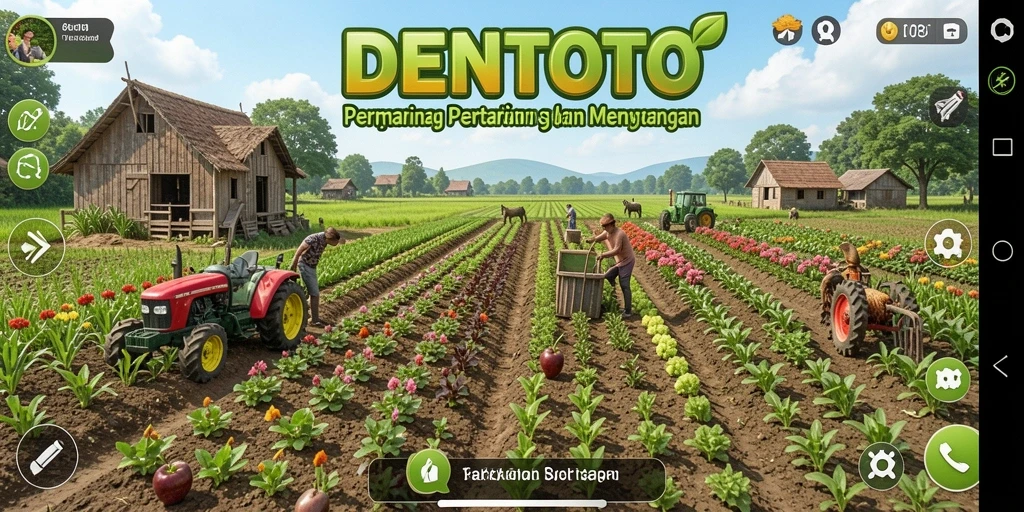 Screenshot gameplay DENTOTO yang menampilkan kebun subur dan hewan ternak.