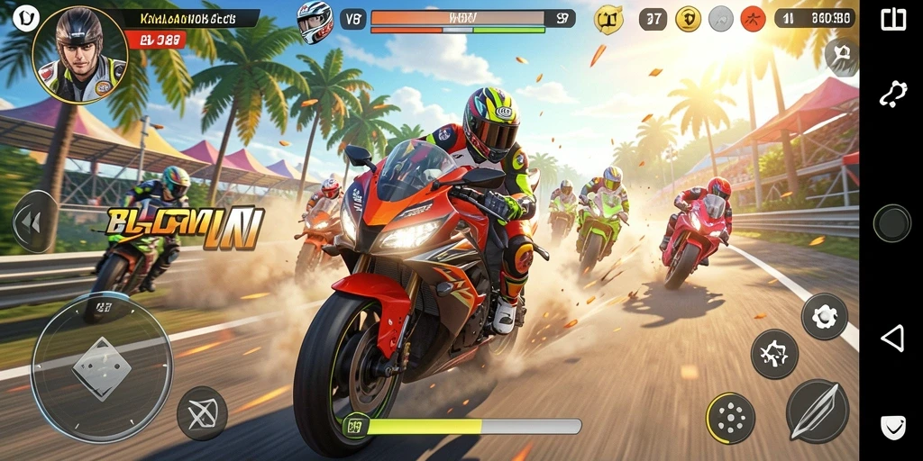 Tampilan gameplay balapan motor yang seru dan mendebarkan.
